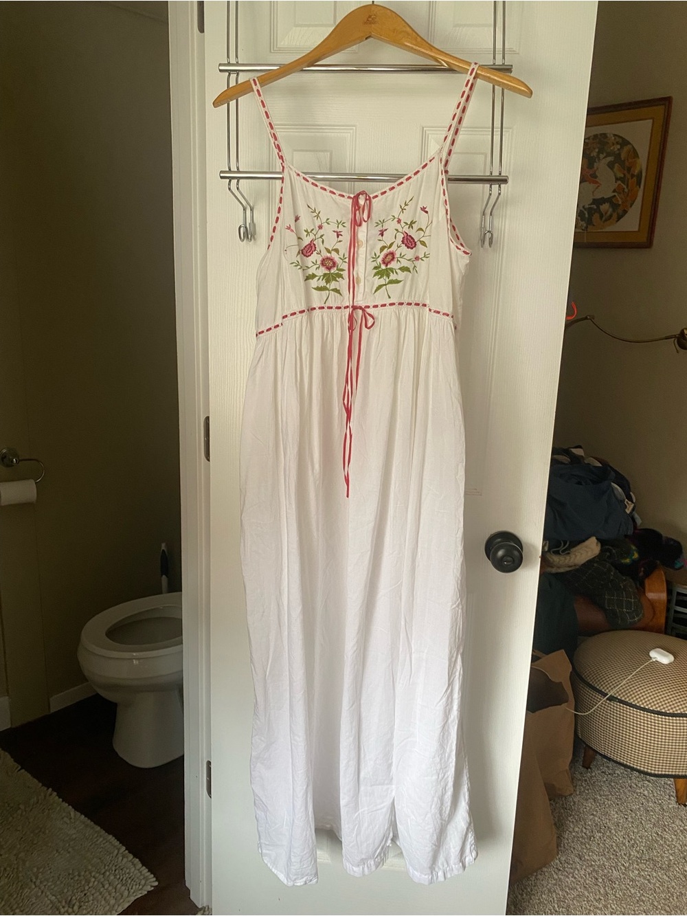 Cotton Embroidered Maxi Dress with Pink Trim - Picture 1 of 4